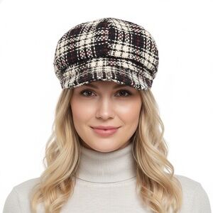Indigo Soul Women’s Hat “Baker Boy” Style White/Black/Red Plaid Tweed One Size